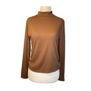Brit & Bri Ribbed Mock Neck Top Brown Lightweight Knit Long Sleeve Pull-Over M
